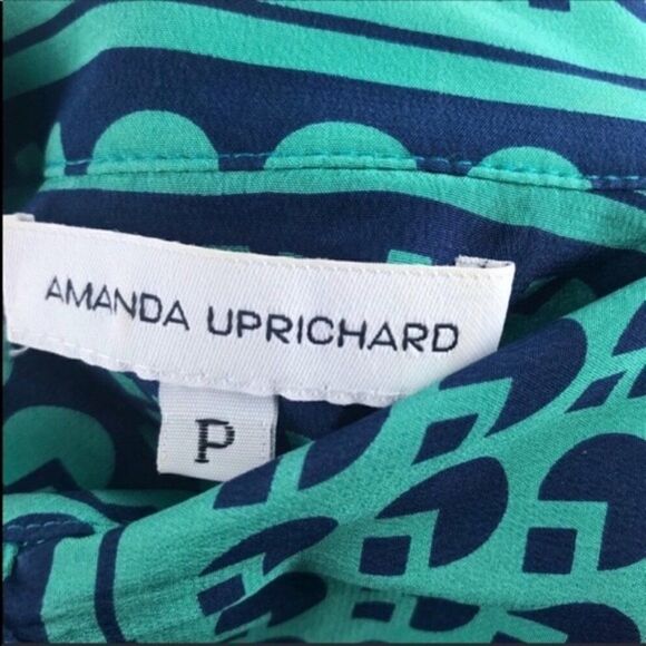 Amanda Uprichard Womens Silk Blouse Size Small Green Navy 3/4 Sleeve Pullover - Picture 6 of 6
